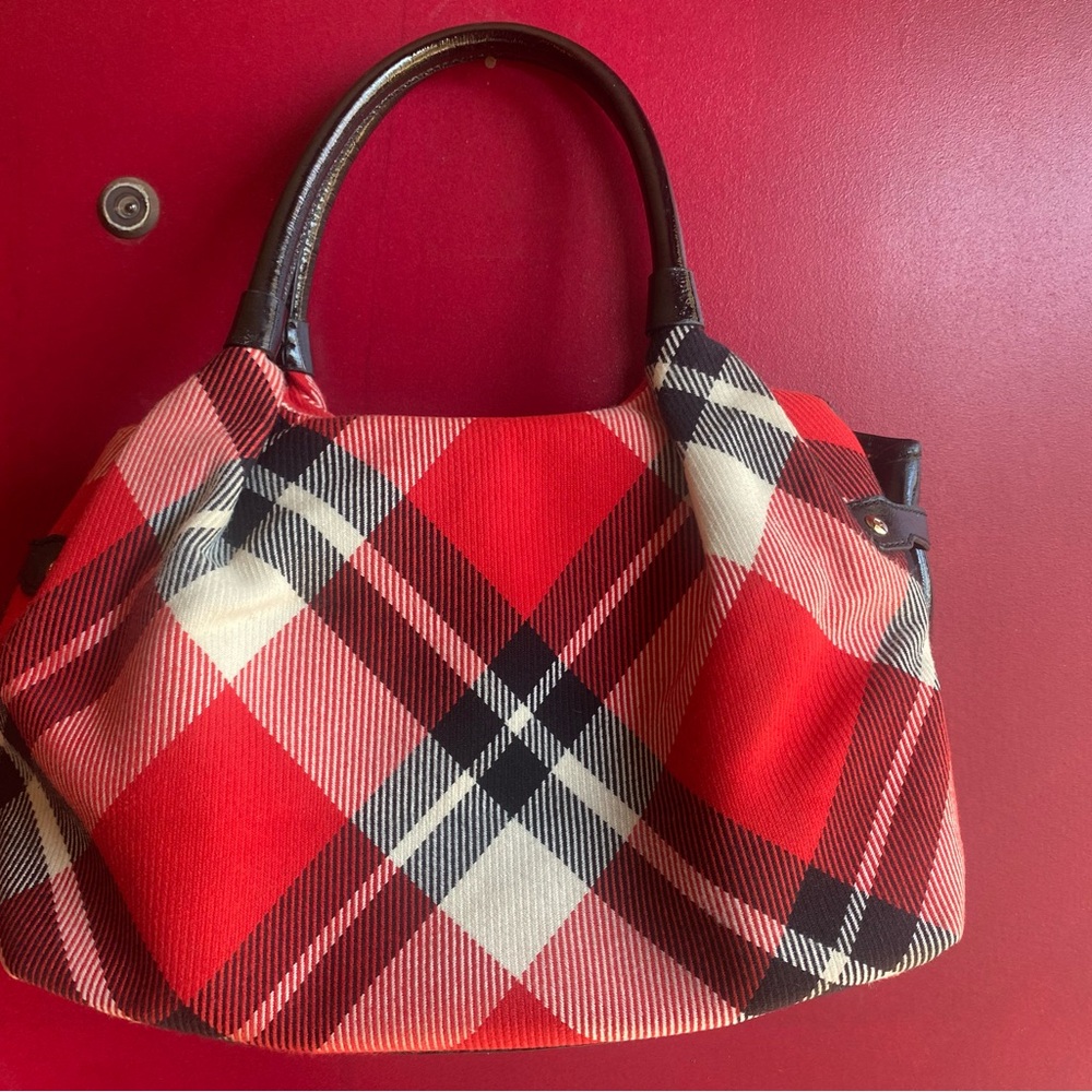 Run your holiday bag rare large Kate Spade Red & Black fabric plaid with patent - Picture 3 of 11